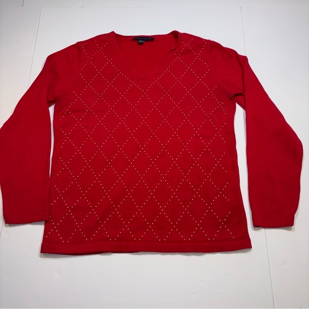 Tommy Hilfiger V-Neck 100% Cotton Sweater Gold Studs Argyle Pattern Size Large